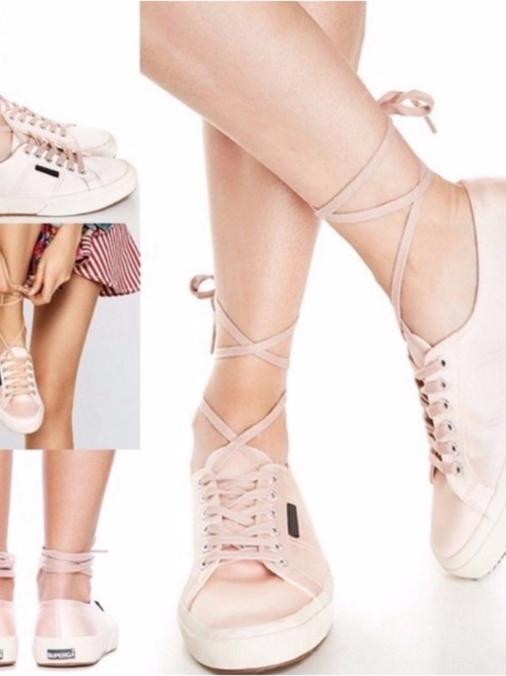 Superga x maneater Pale Pink Satin Lace-Up Sneakers with Wraparound laces